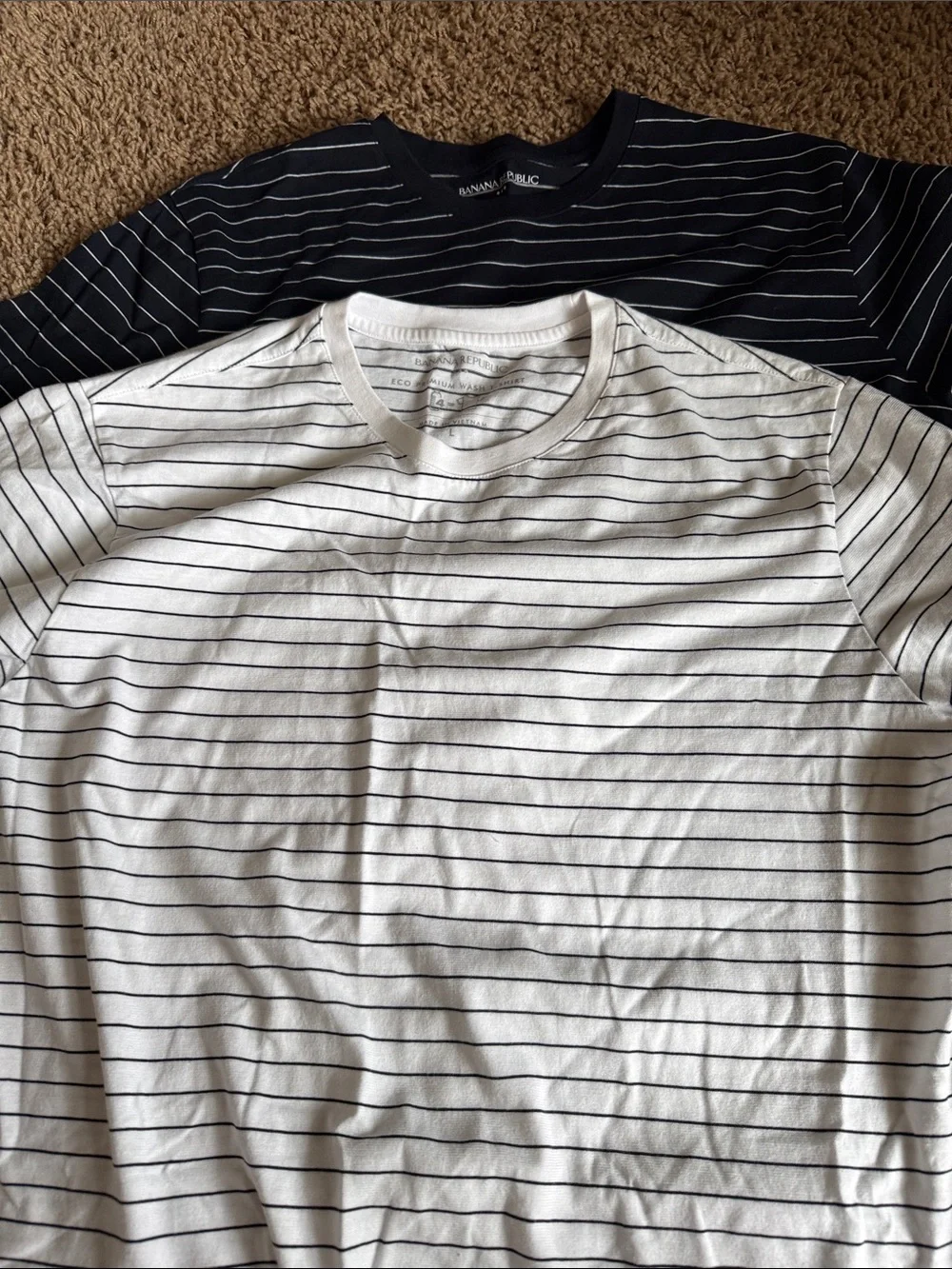 Banana Republic Men’s White and Navy Striped Crew Neck Tee (2-Pack Look)